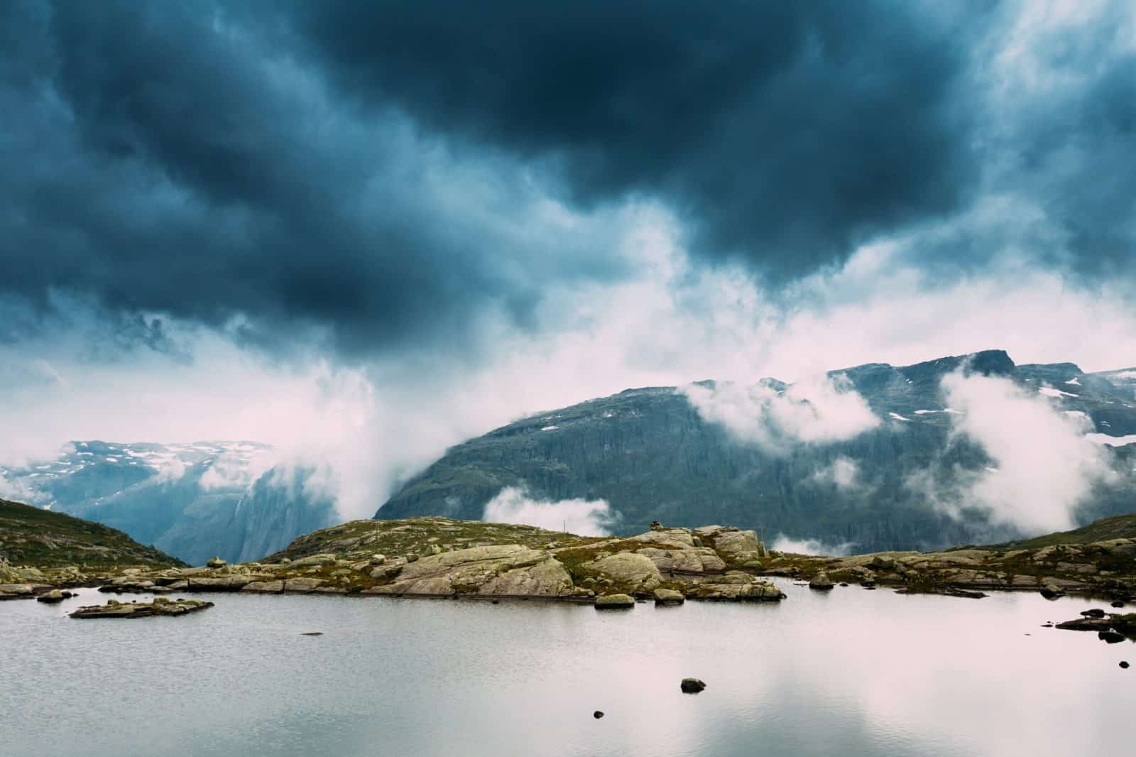 Scenic View Of Mountains Lake. Nature Of The Norwegian Mountains